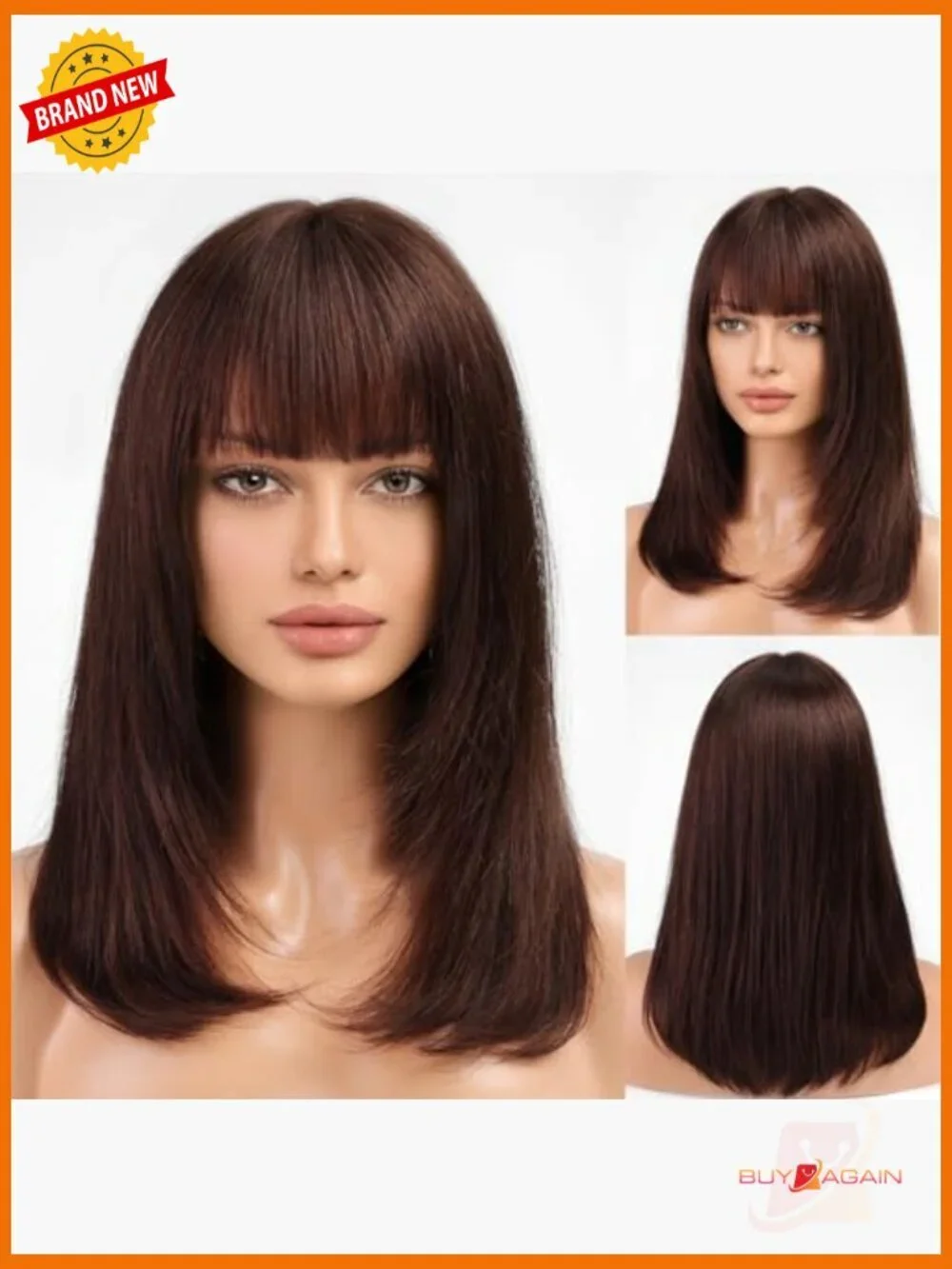 16 Inch Layered Straight Human Hair Wig with Bangs